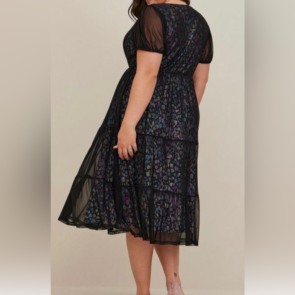 Torrid Tiered Midi Dress - Soft Mesh Spotted Black - Picture 3 of 9